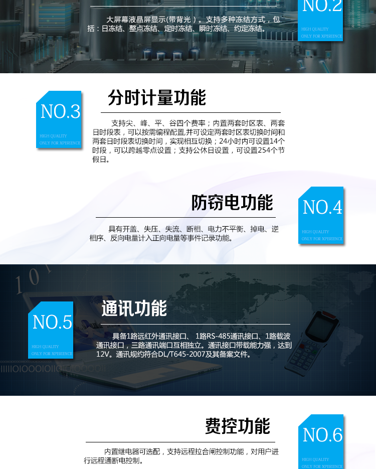 海興DDSI208單相電能表主要功能
　　計量功能
　　具有支持正反向有功、四象限無功電能、組合無功電能，支持正反向有功最大需量、四象限無功最大需量、組合無功最大需量，支持多費率計量。
　　分時計量功能
　　支持尖、峰、平、谷四個費率;內(nèi)置兩套時區(qū)表、兩套日時段表，可以按需編程配置,并可設定兩套時區(qū)表切換時間和兩套日時段表切換時間，實現(xiàn)相互切換;24小時內(nèi)可設置14個時段，可以跨越零點設置;支持公休日設置，可設置254個節(jié)假日。
　　測量功能
　　能測量電壓、電流、功率以及功率因數(shù)等電網(wǎng)參數(shù)，零線電流測量功能可選配。測量準確度高，可以達到1級以內(nèi)標準。
　　數(shù)據(jù)存儲功能
　　支持多種凍結(jié)方式，包括：日凍結(jié)、整點凍結(jié)、定時凍結(jié)、瞬時凍結(jié)、約定凍結(jié)。
　　事件記錄功能
　　分別記錄最近10次掉電、編程、校時、開表蓋、跳閘、合閘、事件清零、電表清零。
　　通信功能
　　具備1路遠紅外通訊接口、 1路RS-485通訊接口、1路載波通訊接口，三路通訊端口互相獨立。通訊接口帶載能力強，達到12V。通訊規(guī)約符合DL/T645-2007及其備案文件。
　　費控功能
　　內(nèi)置繼電器可選配，支持遠程拉合閘控制功能，對用戶進行遠程通斷電控制。
　　用戶交互界面
　　采用大屏幕液晶顯示，提供豐富的圖形或文字提示信息;顯示內(nèi)容可通過按鍵循環(huán)查詢，顯示項目可通過通信口按需配置;提供液晶背光，方便查看。支持停電喚醒功能，能通過按鍵或非接觸方式喚醒電能表，實現(xiàn)屏幕顯示抄讀電量和紅外通信口抄讀電量等數(shù)據(jù)。