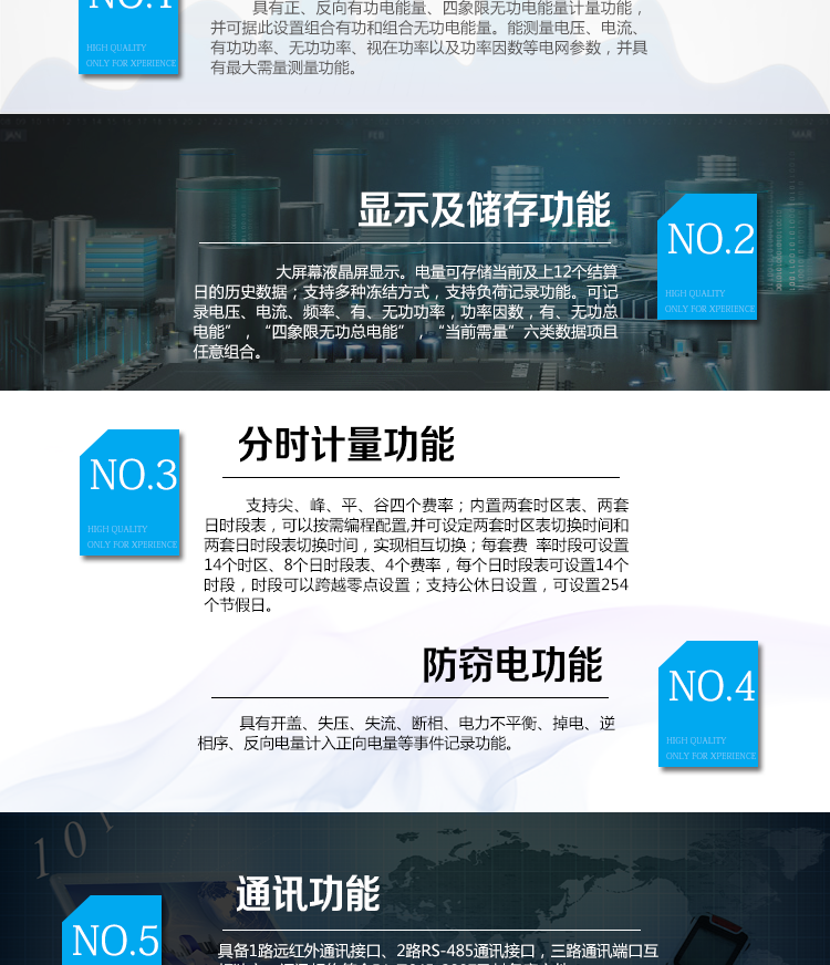 海興DTSD208三相四線電能表主要功能
　　計(jì)量功能
　　具有正、反向有功電能量、四象限無(wú)功電能量計(jì)量功能，并可據(jù)此設(shè)置組合有功和組合無(wú)功電能量
　　分時(shí)計(jì)量功能
　　支持尖、峰、平、谷四個(gè)費(fèi)率;內(nèi)置兩套時(shí)區(qū)表、兩套日時(shí)段表，可以按需編程配置,并可設(shè)定兩套時(shí)區(qū)表切換時(shí)間和兩套日時(shí)段表切換時(shí)間，實(shí)現(xiàn)相互切換;每套費(fèi)率時(shí)段可設(shè)置14個(gè)時(shí)區(qū)、8個(gè)日時(shí)段表、4個(gè)費(fèi)率(尖、峰、平、谷)，每個(gè)日時(shí)段表可設(shè)置14個(gè)時(shí)段，時(shí)段可以跨越零點(diǎn)設(shè)置;支持公休日設(shè)置，可設(shè)置254個(gè)節(jié)假日。
　　測(cè)量功能
　　能測(cè)量電壓、電流、有功功率、無(wú)功功率、視在功率以及功率因數(shù)等電網(wǎng)參數(shù)，并具有最大需量測(cè)量功能。測(cè)量準(zhǔn)確度高，可提供0.5S級(jí)、1.0級(jí)等不同計(jì)量精度供選擇。
　　數(shù)據(jù)存儲(chǔ)功能
　　電量可存儲(chǔ)當(dāng)前及上12個(gè)結(jié)算日的歷史數(shù)據(jù);支持多種凍結(jié)方式，包括：日凍結(jié)、整點(diǎn)凍結(jié)、定時(shí)凍結(jié)、瞬時(shí)凍結(jié)、約定凍結(jié)。支持負(fù)荷記錄功能。可記錄“電壓、電流、頻率”，“有、無(wú)功功率”，“功率因數(shù)”，“有、無(wú)功總電能”，“四象限無(wú)功總電能”，“當(dāng)前需量”六類(lèi)數(shù)據(jù)項(xiàng)且任意組合。負(fù)荷記錄間隔時(shí)間可以在1min～ 60min范圍內(nèi)設(shè)置。
　　事件記錄功能
　　分別記錄最近10次失壓、全失壓、斷相、失流、電壓逆相序、潮流反向、需量清零、編程、校時(shí)、開(kāi)表蓋、停電、電量清零。
　　通信功能
　　具備1路遠(yuǎn)紅外通訊接口、2路RS-485通訊接口，三路通訊端口互相獨(dú)立。通訊規(guī)約符合DL/T645-2007及其備案文件。
　　電源管理
　　輔助電源供電電壓為(100～240)V交、直流自適應(yīng)。輔助電源可設(shè)置為PT供電方式優(yōu)先或輔助電源供電方式優(yōu)先。
　　用戶(hù)交互界面
　　采用大屏幕液晶顯示，提供豐富的圖形或文字提示信息;顯示內(nèi)容可通過(guò)按鍵循環(huán)查詢(xún)，顯示項(xiàng)目可通過(guò)通信口按需配置;提供液晶背光，方便查看。支持停電喚醒功能，能通過(guò)按鍵或非接觸方式喚醒電能表，實(shí)現(xiàn)屏幕顯示抄讀電量和紅外通信口抄讀電量等數(shù)據(jù)。