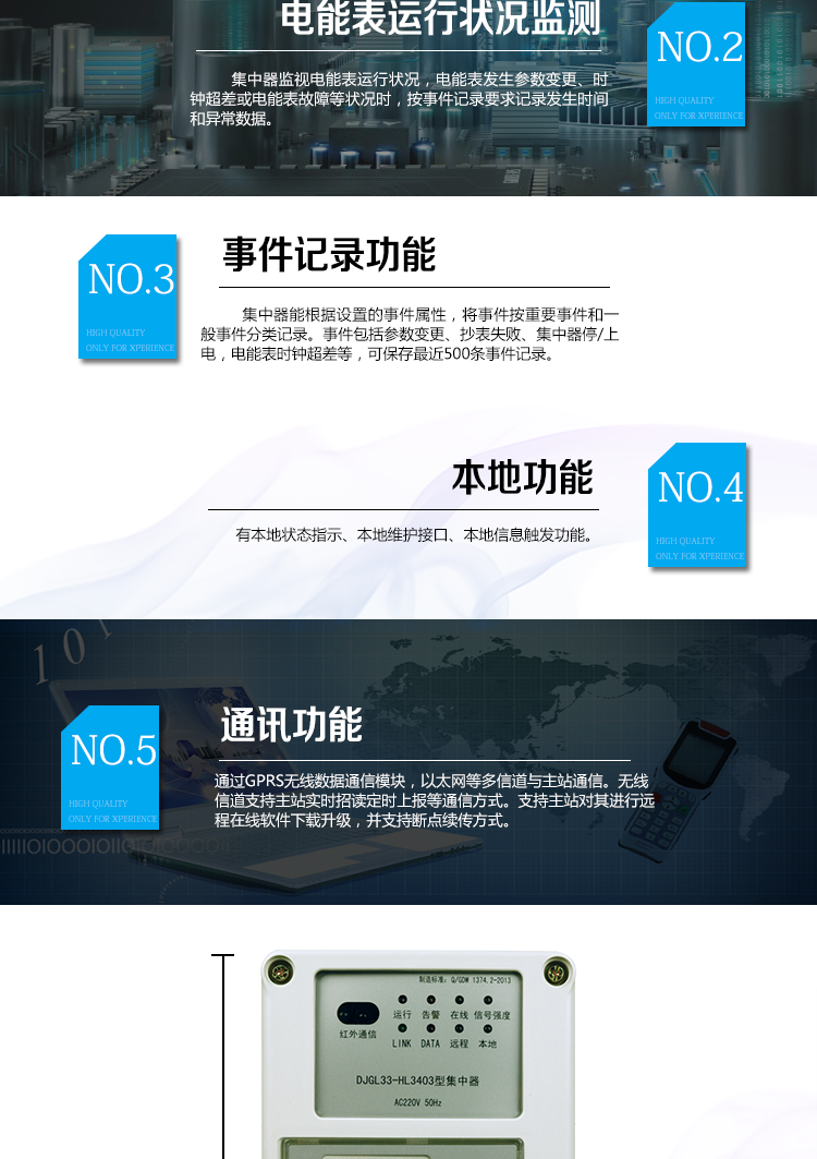 華立DJGL33-HL3403微型集中器主要功能
　　數(shù)據(jù)采集：能采集各電能表的實(shí)時(shí)電能示值、日零點(diǎn)凍結(jié)電能示值、抄表日零點(diǎn)凍結(jié)電能示值。帶有時(shí)標(biāo)。
　　數(shù)據(jù)管理和存儲(chǔ)：能按要求對(duì)采集數(shù)據(jù)進(jìn)行分類存儲(chǔ)，如日凍結(jié)數(shù)據(jù)、抄表日凍結(jié)數(shù)據(jù)、曲線數(shù)據(jù)、歷史月數(shù)據(jù)等。曲線凍結(jié)數(shù)據(jù)密度為1小時(shí)。集中器抄表數(shù)量最大為192只。集中器存儲(chǔ)容量為32M。
　　電能表運(yùn)行狀況監(jiān)測：集中器監(jiān)視電能表運(yùn)行狀況，電能表發(fā)生參數(shù)變更、時(shí)鐘超差或電能表故障等狀況時(shí)，按事件記錄要求記錄發(fā)生時(shí)間和異常數(shù)據(jù)。
　　參數(shù)設(shè)置和查詢功能：可主站遠(yuǎn)程或手持設(shè)備本地設(shè)置和查詢檔案、通信參數(shù)等，
　　事件記錄：集中器能根據(jù)設(shè)置的事件屬性，將事件按重要事件和一般事件分類記錄。事件包括參數(shù)變更、抄表失敗、集中器停/上電，電能表時(shí)鐘超差等，可保存最近500條事件記錄。
　　本地功能：有本地狀態(tài)指示、本地維護(hù)接口、本地信息觸發(fā)功能
　　通訊功能：通過GPRS無線數(shù)據(jù)通信模塊，以太網(wǎng)等多信道與主站通信。無線信道支持主站實(shí)時(shí)招讀、定時(shí)上報(bào)等通信方式。支持主站對(duì)其進(jìn)行遠(yuǎn)程在線軟件下載升級(jí)，并支持?jǐn)帱c(diǎn)續(xù)傳方式。