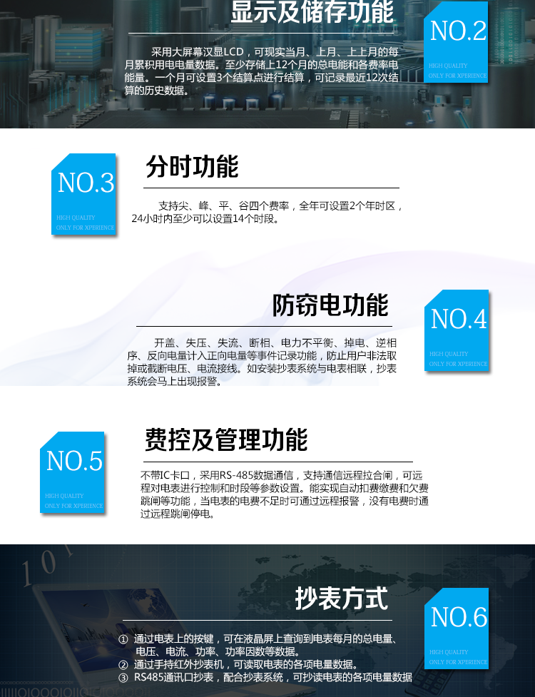 華立DDZY285-J電能表主要功能
　　電能計(jì)量功能
　　計(jì)量參數(shù)：具有正、反向組合有功電能的計(jì)量功能，組合有功電能可由正反向有功電能進(jìn)行選擇性組合。
　　測(cè)量功能：能測(cè)量電壓、電流(包含零線(xiàn))，有功功率以及功率因數(shù)等電網(wǎng)參數(shù)。
　　分時(shí)功能：支持尖、峰、平、谷四個(gè)費(fèi)率，全年可設(shè)置2個(gè)年時(shí)區(qū)，24小時(shí)內(nèi)至少可以設(shè)置14個(gè)時(shí)段。
　　數(shù)據(jù)存儲(chǔ)：至少存儲(chǔ)上12個(gè)月的總電能和各費(fèi)率電能量。一個(gè)月可設(shè)置3個(gè)結(jié)算點(diǎn)進(jìn)行結(jié)算，可記錄最近12次結(jié)算的歷史數(shù)據(jù)。
　　顯示功能：采用大屏幕漢顯LCD，可現(xiàn)實(shí)當(dāng)月、上月、上上月的每月累積用電電量數(shù)據(jù)。
　　防竊電功能
　　開(kāi)蓋記錄功能，記錄開(kāi)表蓋總次數(shù)，防止非法更改電路。
　　反向電量計(jì)入正向電量，用戶(hù)如將電流線(xiàn)接反，不具有竊電作用，電表照樣正向走字
　　具有記錄編程、掉電、校時(shí)、跳閘等事件發(fā)生的時(shí)刻以及事件發(fā)生時(shí)電能表狀態(tài)，防止用戶(hù)更改電表數(shù)據(jù)。
　　具有凍結(jié)和報(bào)警功能。
　　以上情況如發(fā)出，電表會(huì)出現(xiàn)報(bào)警標(biāo)志，如安裝抄表系統(tǒng)與電表相聯(lián)，抄表系統(tǒng)會(huì)馬上出現(xiàn)報(bào)警。
　　費(fèi)控功能
　　電表不帶IC卡口，采用RS-485和無(wú)線(xiàn)進(jìn)行數(shù)據(jù)通信，支持通信遠(yuǎn)程拉合閘。
　　費(fèi)控管理功能
　　可通過(guò)遠(yuǎn)程對(duì)電能表進(jìn)行遠(yuǎn)程拉、合閘控制和時(shí)段等參數(shù)設(shè)置，進(jìn)而對(duì)用戶(hù)的用電實(shí)施遠(yuǎn)程管理。
　　能實(shí)現(xiàn)自動(dòng)扣費(fèi)繳費(fèi)的功能和欠費(fèi)跳閘等功能，當(dāng)電表的電費(fèi)不足時(shí)可以通過(guò)遠(yuǎn)程報(bào)警，沒(méi)有電費(fèi)時(shí)通過(guò)遠(yuǎn)程跳閘停電，操作管理十分方便。
　　抄表方式
　　通過(guò)電表上的按鍵，可在液晶屏上查詢(xún)到電表每月的總電量、電壓、電流、功率、功率因數(shù)等數(shù)據(jù)。
　　通過(guò)手持紅外抄表機(jī)，可讀取電表的各項(xiàng)電量數(shù)據(jù)。
　　RS485通訊口抄表，配合抄表系統(tǒng)，可抄讀電表的各項(xiàng)電量數(shù)據(jù)。并支持DL/T645-2007多功能電能表通訊規(guī)約。