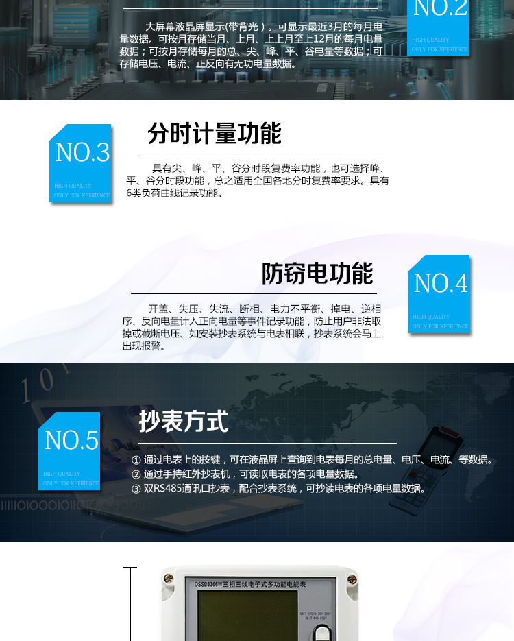 2、防竊電功能
①&nbsp;開蓋記錄功能，防止非法更改電路。
②&nbsp;電壓合格率、失壓記錄功能，防止用戶非法取掉或截?cái)嚯妷航泳€，如已發(fā)生，可通過記錄的時間核算所損失的電量，為追補(bǔ)電量提供依據(jù)。
③&nbsp;失流、斷相記錄功能，防止用戶非法短接電流接線，如已發(fā)生，可通過記錄的時間核算所損失的電量，為追補(bǔ)電量提供依據(jù)。
④&nbsp;電流不平衡記錄：可警惕用戶在電表接線的前端截取電量。
⑤&nbsp;掉電記錄功能，防止用戶非法取下電表的工作電源，如已發(fā)生，可通過記錄的時間核算所損失的電量，為追補(bǔ)電量提供依據(jù)。
⑥&nbsp;反向電量計(jì)入正向電量，用戶如將電流線接反，電表照樣正向走字，不具有竊電作用。
⑦&nbsp;逆相序報(bào)警，用戶非法接線，電表會報(bào)警，除非把線接正確，否則一直報(bào)警。
以上情況如發(fā)出，電表會出現(xiàn)報(bào)警標(biāo)志，如安裝抄表系統(tǒng)與電表相聯(lián)，抄表系統(tǒng)會馬上出現(xiàn)報(bào)警。