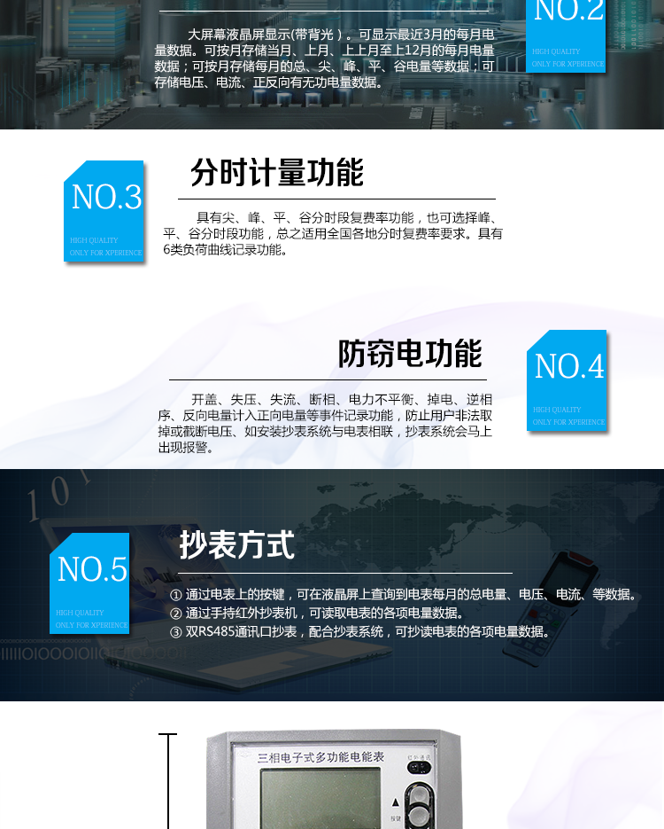 主要功能：
1、大屏幕、寬視角液晶顯示，具備豐富的狀態(tài)指示和漢字提示符，帶背光；
2、雙路RS-485、吸附式、遠紅外通訊接口，通道相互獨立。支持載波通信功能（可選）；
3、四路空接點電能脈沖及LED電能脈沖輸出；
4、分時計量正反向有功電量、四象限無功電量、組合1、組合2無功電量，組合方式：四象限無功任意組合；計量分相正反向有功、感容性無功電量；
5、分時計量正反向有功、無功需量及發(fā)生時間；
6、8費率，主副兩套時段，時鐘雙備份，自動糾錯，可記錄13個月歷史記錄；
7、可設置6類數據記錄負荷曲線，容量達到2M字節(jié)；
8、記錄失壓、全失壓、失流、全失流、電壓合格率、清零、清需量、編程、校時、上電、過壓、逆相序、開蓋等多種事件；
9、雙備份數據存儲，具有自檢和糾錯功能，具有內卡錯、時鐘錯、電壓逆相序、失壓、過壓、失流、電池欠壓故障報警功能；
10、停電后可通過按鈕、手抄器喚醒顯示，可遠紅外抄表；
11、具有防竊電開蓋檢測功能；
12、可選功能：IC卡預付費，邏輯加密卡/CPU智能卡可選。
