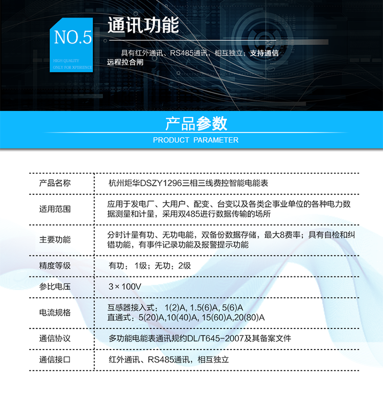 DSZY1296 三相三線1級(jí)費(fèi)控智能電能表
產(chǎn)品標(biāo)準(zhǔn):
?GB/T 17215.211-2006《交流電測(cè)量設(shè)備 通用要求、試驗(yàn)和試驗(yàn)條件 第11部分：測(cè)量設(shè)備》
?GB/T 17215.321-2008《交流電測(cè)量設(shè)備 特殊要求21部分：靜止式有功電能表（1級(jí)和2級(jí)）》
?GB/T 17215.323-2008《交流電測(cè)量設(shè)備 特殊要求23部分：靜止式無(wú)功電能表（2級(jí)和3級(jí)）》
?GB/T 17215.301-2007《多功能電能表特殊要求》
?Q/GDW 1354-2013《智能電能表功能規(guī)范》
?Q/GDW 1356-2013《三相智能電能表型式規(guī)范》
?Q／GDW 1827-2013《三相智能電能表技術(shù)規(guī)范》
?Q／GDW 1365-2013《智能電能表信息交換安全認(rèn)證技術(shù)規(guī)范》
?DL/T 645-2007《多功能電能表通信協(xié)議》