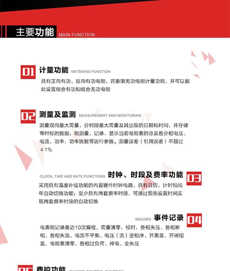 主要功能
1. 電能計(jì)量
具有正向有功、反向有功電能、四象限無(wú)功電能計(jì)量功能，并可以據(jù)此設(shè)置組合有功和組合無(wú)功電能。
2. 需量計(jì)量
測(cè)量雙向最大需量、分時(shí)段最大需量及其出現(xiàn)的日期和時(shí)間，并存儲(chǔ)帶時(shí)標(biāo)的數(shù)據(jù)。
3. 測(cè)量及監(jiān)測(cè)
能測(cè)量、記錄、顯示當(dāng)前電能表的總及各分相電壓、電流、功率、功率因數(shù)等運(yùn)行參數(shù)。測(cè)量誤差（引用誤差）不超過(guò)±1%。
4. 時(shí)鐘、時(shí)段及費(fèi)率功能
采用具有溫度補(bǔ)償功能的內(nèi)置硬件時(shí)鐘電路，具有日歷、計(jì)時(shí)和閏年自動(dòng)切換功能。內(nèi)部時(shí)鐘端子輸出頻率為1Hz。至少具有兩套費(fèi)率時(shí)段，可通過(guò)預(yù)先設(shè)置時(shí)間實(shí)現(xiàn)兩套費(fèi)率時(shí)段的自動(dòng)切換。每套費(fèi)率時(shí)段全年至少可設(shè)置2個(gè)時(shí)區(qū)，24小時(shí)內(nèi)至少可以設(shè)置8個(gè)時(shí)段，時(shí)段最小間隔為15分鐘，并且時(shí)段間隔大于表內(nèi)設(shè)定的需量周期值，時(shí)段可跨越零點(diǎn)設(shè)置。
5. 費(fèi)控功能 
電能表費(fèi)控功能的實(shí)現(xiàn)方式通過(guò)CPU卡等固態(tài)介質(zhì)實(shí)現(xiàn)。具有兩套階梯電價(jià)計(jì)費(fèi)方式，并可在設(shè)置時(shí)間點(diǎn)啟用另一套階梯電價(jià)計(jì)費(fèi)。
6. 無(wú)線通信
通過(guò)無(wú)線通信與主站通信。支持在安全認(rèn)證前提下，通過(guò)無(wú)線網(wǎng)絡(luò)信道修改費(fèi)率時(shí)段表及電價(jià)。
7. 事件記錄
電表能記錄最近10次編程、需量清零、校時(shí)、各相失壓、各相斷相、各相失流、電流不平衡、電壓（流）逆相序、開(kāi)表蓋、開(kāi)端鈕蓋、電能表清零、各相過(guò)負(fù)荷、掉電、全失壓。
8. 凍結(jié)
具有定時(shí)凍結(jié)、瞬時(shí)凍結(jié)、約定凍結(jié)和日凍結(jié)功能。
9.　負(fù)荷記錄
記錄正反向有功總電能、無(wú)功總電能、四象限無(wú)功總電能、組合有功、組合無(wú)功1、組合無(wú)功2，負(fù)荷記錄間隔時(shí)間可以在1～60min范圍內(nèi)設(shè)置，時(shí)間間隔為1min的情況下可記錄不少于40天的數(shù)據(jù)容量。
10. 停電抄表
在停電狀態(tài)下，能通過(guò)按鍵或非接觸方式喚醒電能表，抄讀電能量等數(shù)據(jù)。
11. 擴(kuò)展功能
計(jì)量視在電能、諧波電壓、電流、電量的監(jiān)測(cè)、電能質(zhì)量監(jiān)測(cè)和計(jì)算鐵損、銅損。 