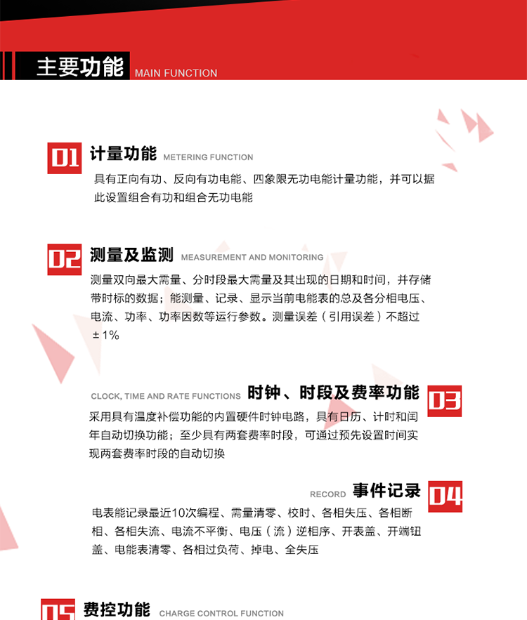 主要功能
1. 　電能計量
具有正向有功、反向有功電能、四象限無功電能計量功能，并可以據(jù)此設(shè)置組合有功和組合無功電能。
2. 　需量計量
測量雙向最大需量、分時段最大需量及其出現(xiàn)的日期和時間，并存儲帶時標的數(shù)據(jù)。
3. 　測量及監(jiān)測
能測量、記錄、顯示當(dāng)前電能表的總及各分相電壓、電流、功率、功率因數(shù)等運行參數(shù)。測量誤差（引用誤差）不超過±1%。
4. 　時鐘、時段及費率功能
采用具有溫度補償功能的內(nèi)置硬件時鐘電路，具有日歷、計時和閏年自動切換功能。內(nèi)部時鐘端子輸出頻率為1Hz。至少具有兩套費率時段，可通過預(yù)先設(shè)置時間實現(xiàn)兩套費率時段的自動切換。每套費率時段全年至少可設(shè)置2個時區(qū)，24小時內(nèi)至少可以設(shè)置8個時段，時段最小間隔為15分鐘，并且時段間隔大于表內(nèi)設(shè)定的需量周期值，時段可跨越零點設(shè)置。
5. 　費控功能 
電能表費控功能的實現(xiàn)方式通過公網(wǎng)等虛擬介質(zhì)和遠程售電系統(tǒng)實現(xiàn)。
6. 　 載波通信
在載波集中器和主站系統(tǒng)的配合下，可通過載波，按設(shè)定的采集方案定時數(shù)據(jù)采集，并可實時監(jiān)測電表運行狀態(tài)。
7. 　事件記錄
電表能記錄最近10次編程、需量清零、校時、各相失壓、各相斷相、各相失流、電流不平衡、電壓（流）逆相序、開表蓋、開端鈕蓋、電能表清零、各相過負荷、掉電、全失壓。
8. 　凍結(jié)
具有定時凍結(jié)、瞬時凍結(jié)、約定凍結(jié)和日凍結(jié)功能。
9.　 負荷記錄
記錄正反向有功總電能、無功總電能、四象限無功總電能、組合有功、組合無功1、組合無功2，負荷記錄間隔時間可以在1～60min范圍內(nèi)設(shè)置，時間間隔為1min的情況下可記錄不少于40天的數(shù)據(jù)容量。
10. 　停電抄表
在停電狀態(tài)下，能通過按鍵或非接觸方式喚醒電能表，抄讀電能量等數(shù)據(jù)。
11. 擴展功能
計量視在電能、諧波電壓、電流、電量的監(jiān)測、電能質(zhì)量監(jiān)測和計算鐵損、銅損。 