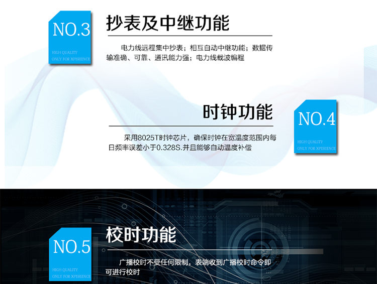 主要特點(diǎn)
1、有功電能計(jì)量精確，長(zhǎng)期工作不需調(diào)校
2、電力線遠(yuǎn)程集中抄表
3、相互自動(dòng)中繼功能
4、數(shù)據(jù)傳輸準(zhǔn)確、可靠、通訊能力強(qiáng)
5、電力線載波編程
6、采用8025T時(shí)鐘芯片，確保時(shí)鐘在寬溫度范圍內(nèi)每日頻率誤差小于0.328S.并且能夠自動(dòng)溫度補(bǔ)償。
7、廣播校時(shí)不受任何限制，表端收到廣播校時(shí)命令即可進(jìn)行校時(shí)
8、月凍結(jié)：按照指定的時(shí)間凍結(jié)正向總電量，每個(gè)凍結(jié)量至少保存12次