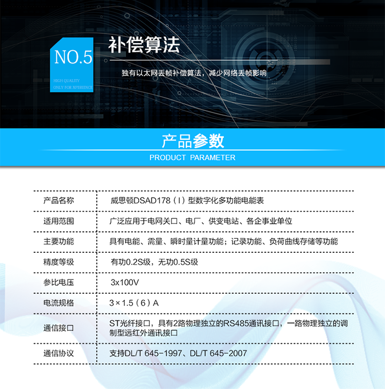 技術(shù)指標(biāo)
技術(shù)參數(shù)項目	項目內(nèi)容
技術(shù)標(biāo)準(zhǔn)	GB/T&nbsp;17215.322-2008&nbsp;&nbsp;GB/T&nbsp;17215.323-2008&nbsp;&nbsp;DL/T&nbsp;614-2007
Q/GDW&nbsp;357-2009&nbsp;&nbsp;Q/GDW&nbsp;358-2009
通訊接口	與過程層通訊接口（可根據(jù)用戶要求定制）：
ST光纖接口，多模，波長1300nm，100Mbps
&nbsp;	與站控層或電量采集器通訊接口：
具有2路物理獨立的RS485通訊接口。
&nbsp;	本地維護(hù)通訊接口：
具有一路物理獨立的調(diào)制型遠(yuǎn)紅外通訊接口。
通訊協(xié)議	與過程層通訊協(xié)議：
支持IEC61850-9-1、IEC61850-9-2、IEC61850-9-2LE、GMRP標(biāo)準(zhǔn)
&nbsp;	與站控層或電量采集器通訊協(xié)議：
支持DL/T&nbsp;645-1997、DL/T&nbsp;645-2007
&nbsp;	本地維護(hù)通訊協(xié)議：
支持DL/T&nbsp;645-2007
工作電源	雙路冗余外接電源供電，可任意接入一路或同時接入兩路。
兩路電源均為交直流自適應(yīng)，電源輸入范圍為85V～265V。
采樣速率	支持4～12.8kHz采樣
整機(jī)功耗	<10VA
工作溫度	-25℃～+55℃
相對濕度	≤95%(無凝露)
時鐘誤差	≤0.5s/d（23℃）
負(fù)荷曲線存儲容量	4Mbytes