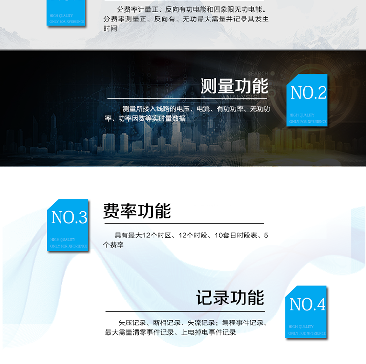 主要功能
電能計(jì)量功能
具有正、反向有功,&nbsp;無(wú)功四象限電能計(jì)量功能；
具有分時(shí)計(jì)量功能；具有計(jì)量分相有功電能量功能。
需量測(cè)量功能
有功需量測(cè)量、無(wú)功需量測(cè)量、結(jié)算日需量
實(shí)時(shí)量測(cè)量功能
測(cè)量、記錄、顯示當(dāng)前電能表的總及各分相電壓、電流、功率、功率因數(shù)、頻率、表內(nèi)溫度等運(yùn)行參數(shù)。
提供越限監(jiān)測(cè)功能。
時(shí)鐘功能
采用具有溫度補(bǔ)償功能的內(nèi)置硬件時(shí)鐘電路，具有日歷、計(jì)時(shí)和閏年自動(dòng)切換功能。
費(fèi)率、時(shí)段功能
事件記錄功能
凍結(jié)功能
定時(shí)凍結(jié)、瞬時(shí)凍結(jié)、約定凍結(jié)、日凍結(jié)、整點(diǎn)凍結(jié)
負(fù)荷記錄功能
電壓合格率統(tǒng)計(jì)功能
可記錄12個(gè)月的電壓統(tǒng)計(jì)數(shù)據(jù)。
報(bào)警功能
光報(bào)警、聲報(bào)警、LCD顯示報(bào)警
安全防護(hù)功能
密碼防護(hù)、編程開(kāi)關(guān)防護(hù)
通訊功能
至少具有一個(gè)紅外通信接口、兩個(gè)RS485通信接口。
校時(shí)功能
可通過(guò)RS485、紅外等通信接口對(duì)電能表校時(shí)。
電表清零功能
停電抄表功能
在停電狀態(tài)下，能通過(guò)按鍵或非接觸方式喚醒電能表，實(shí)現(xiàn)屏幕顯示抄讀電量和紅外通信口抄讀到當(dāng)前電量和最近一次結(jié)算電量等數(shù)據(jù)。
輔助電源*（可選項(xiàng)）
保電功能*（可選項(xiàng)）
遠(yuǎn)程保電功能、自保電功能